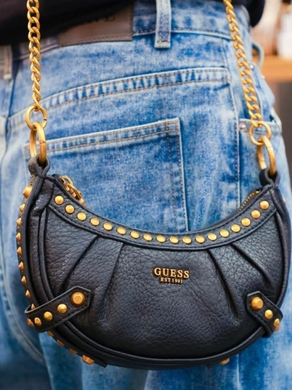 GUESS Black Crescent Studded Shoulder Bag